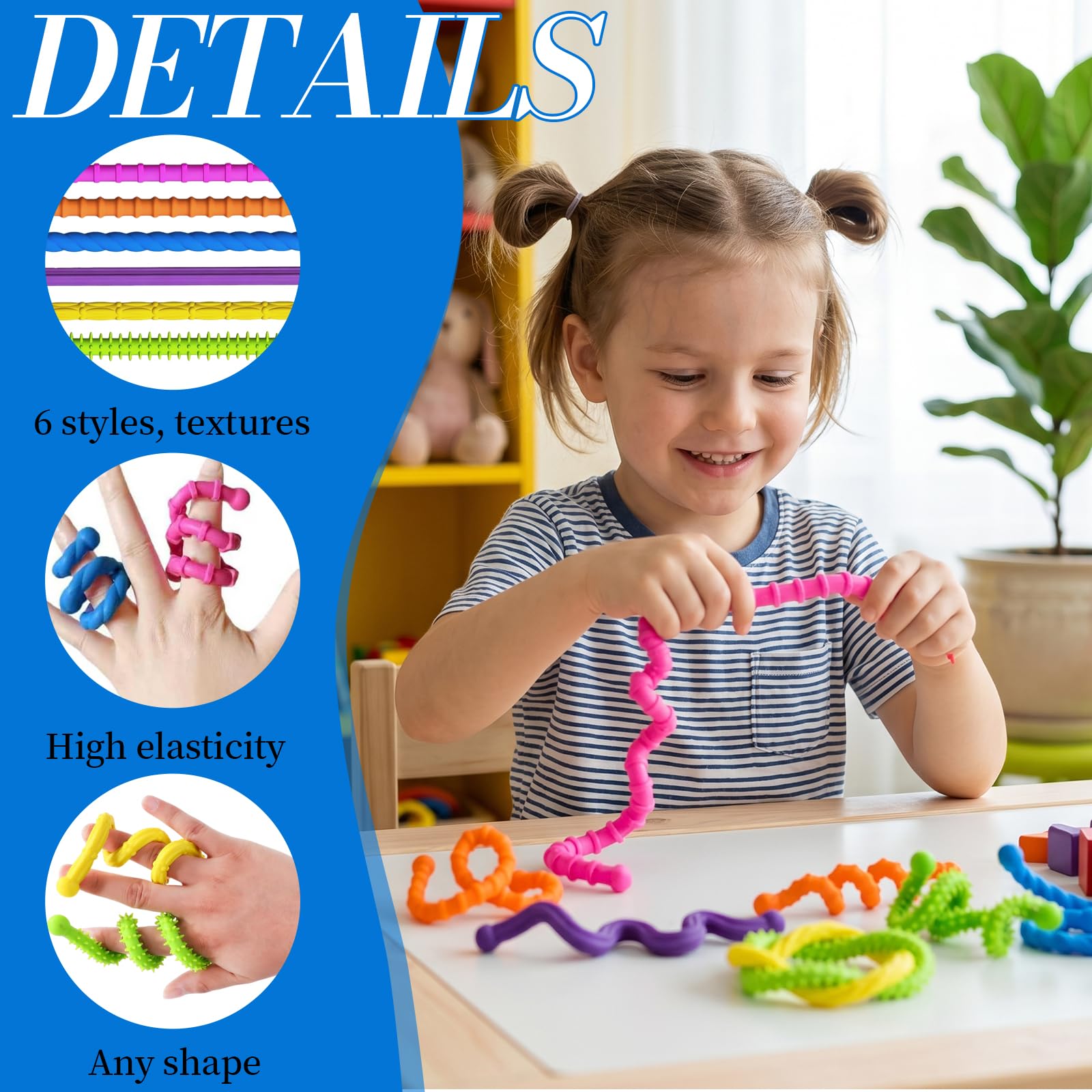 HORREX Fidget z teksturą ADHD, 6 sztuk, silikonowe zabawki, różne rozciągliwe kolory, sensoryczna zabawka antystresowa do ADHD, z autyzmem, łagodzi lęk i stres