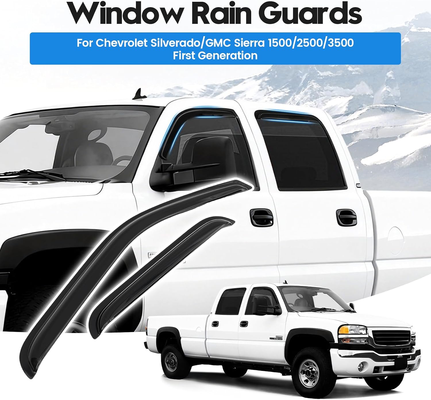Silverado Rain Guard - Window Visors for Chevy Silverado 2001-2007 /GMC Sierra 1500/2500/3500 Classic Body, Out-Channel Side Window Rain Guards for Silverado, 4PCS, Black, Car Accessories