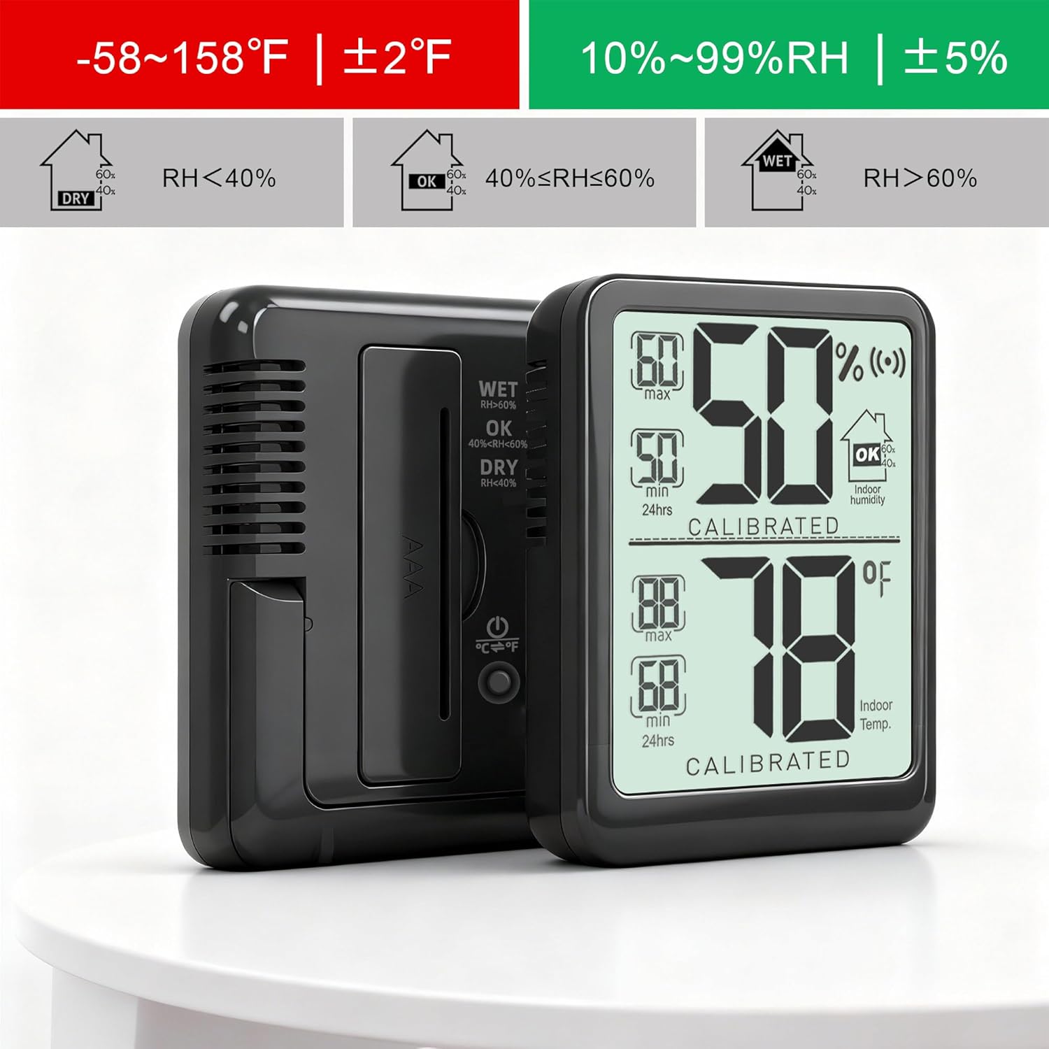 Tilbage view of Antonki thermometer showing battery compartment and F/C switch
