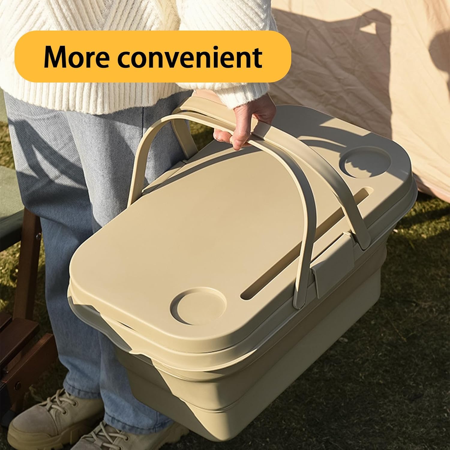 Collapsible Picnic Basket, Collapsible Picnic Basket with Handles (with Table Lid), Collapsible Garden Basket, Collapsible Harvest Basket for Camping, Beach, Hiking, and Outdoor Dining (Gray)