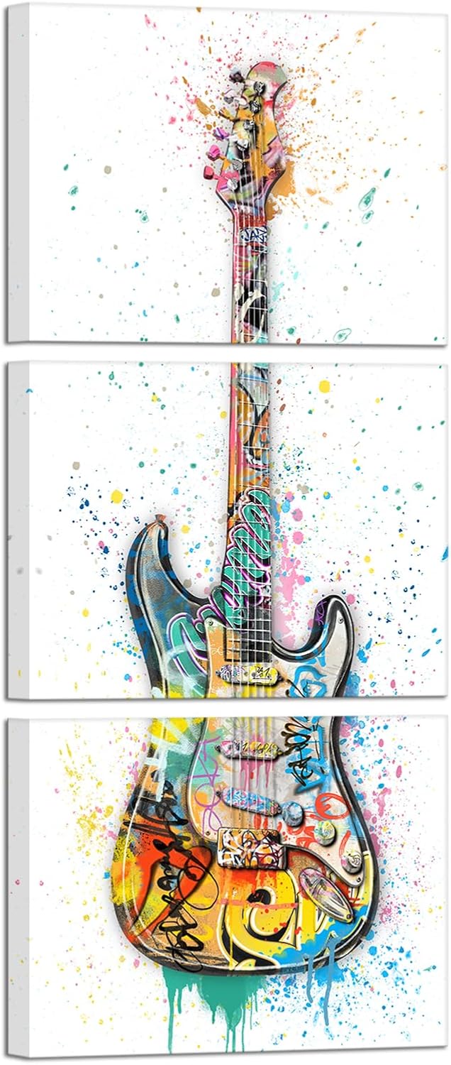 HOMEOART Music Room Decor Graffiti Wall Art Guitar Painting Music Wall Art Framed Canvas Artwork for Walls 12inchx16inchx3Piece (White, Vertical)