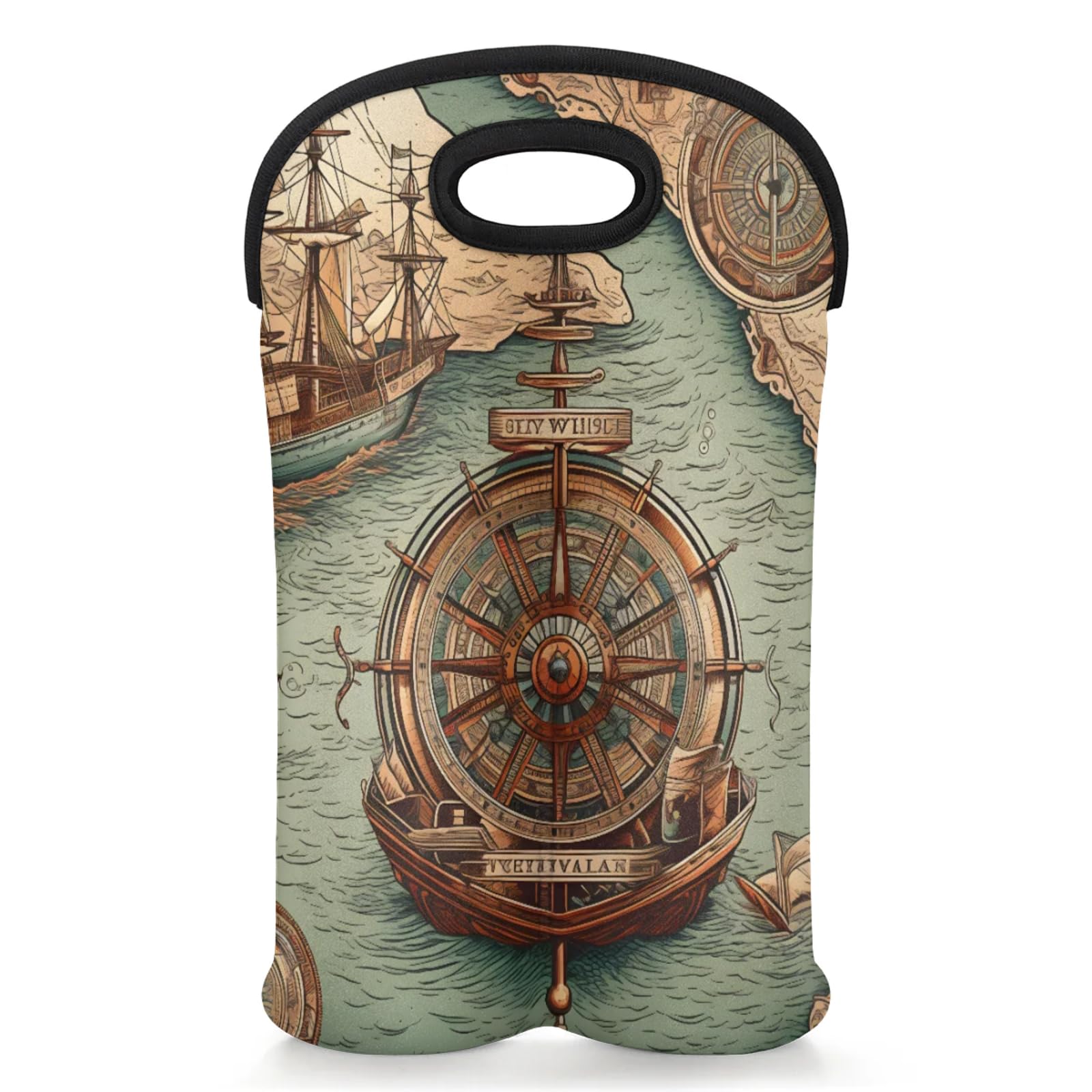 GzLeyigou 2 Bottles Compass Map Wine Bag Sleeve Totes Neoprene Protective Wine Carrier Bag for Wine,Water, Champagne, Beer, Baby Bottles,Gift 14.5 x 10 Inches