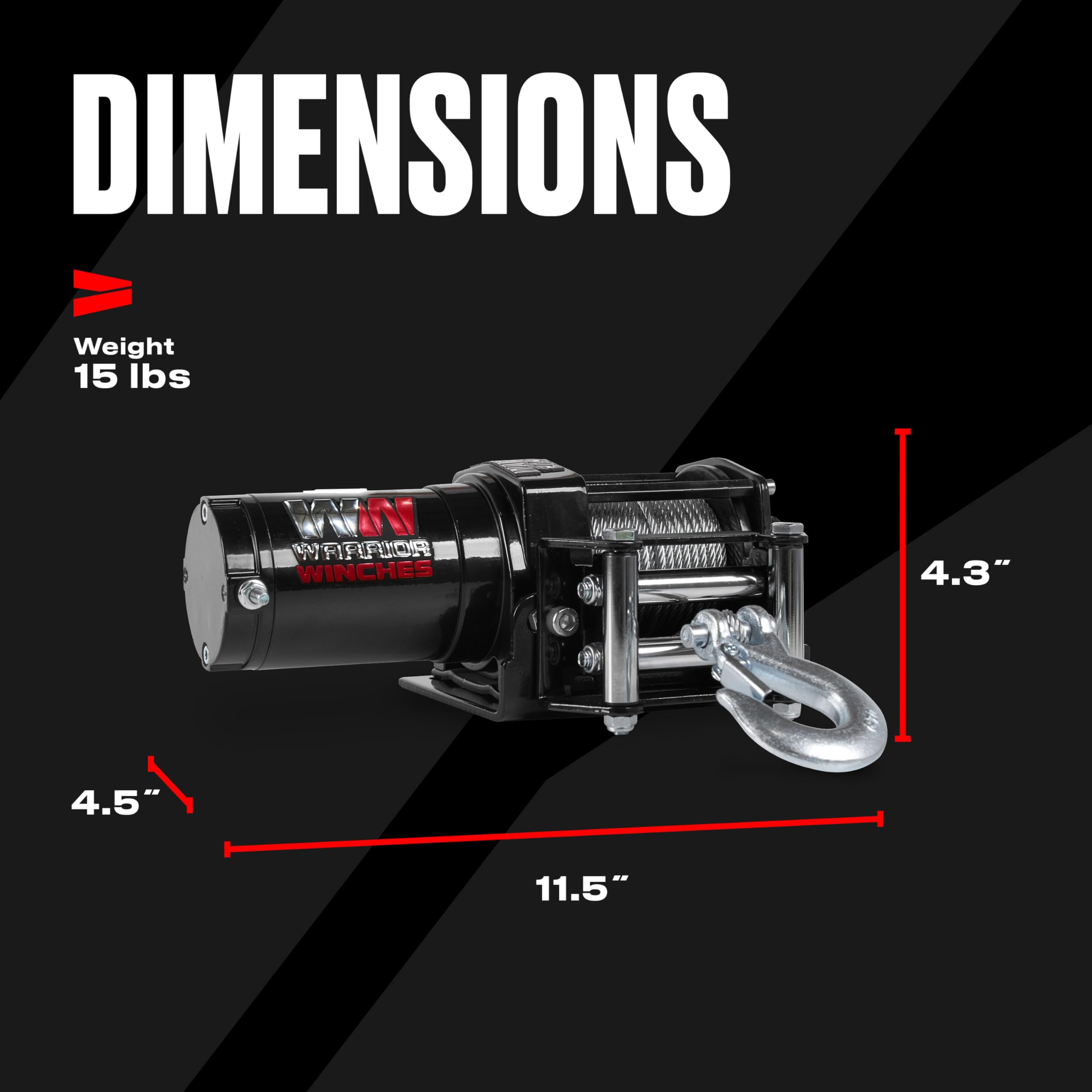Warrior Winches Ninja Electric Winch 4500lb 12v - Wired Hand Control, High Torque Power In/Out Motor - HD Contacts, Steel Planetary Gear, Mounting Plate, Full Load Holding