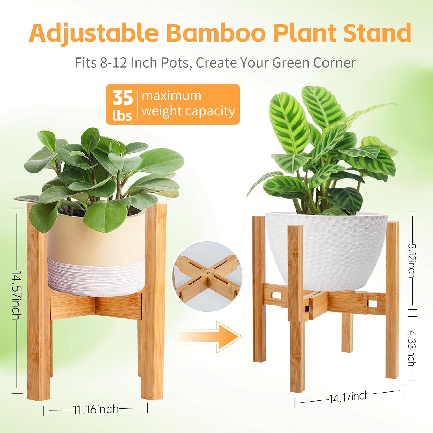 Adjustable Bamboo Plant Stand for Indoor Plants, Holder Rack Fits 8"-12" Pots for Living Room, Bedroom, Corner - Space Saving Shelf (Pot & Plant Not Included)(primary color)