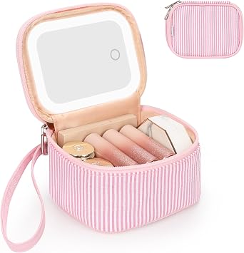 Relavel Mini Makeup Bag with Led Mirror with 3 Light Modes, Pink Strip