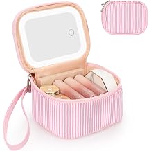 Relavel Mini Makeup Bag with Led Mirror with 3 Light Modes, Pink Strip | Adjustable Brightness, Rechargeable, Portable Cosmetic Bag with Hands-Free Wrist Strap for Pool Parties, Work Touch-Ups