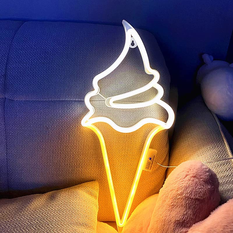 SHANJIA LED Neon Light Sign, Ice Cream Neon Lights Ice Cream Neon Signs for Wall Decor with 8 Mode 18 Key Remote Control USB Or Battery Powered for Home, Party, Childre (White Warm)