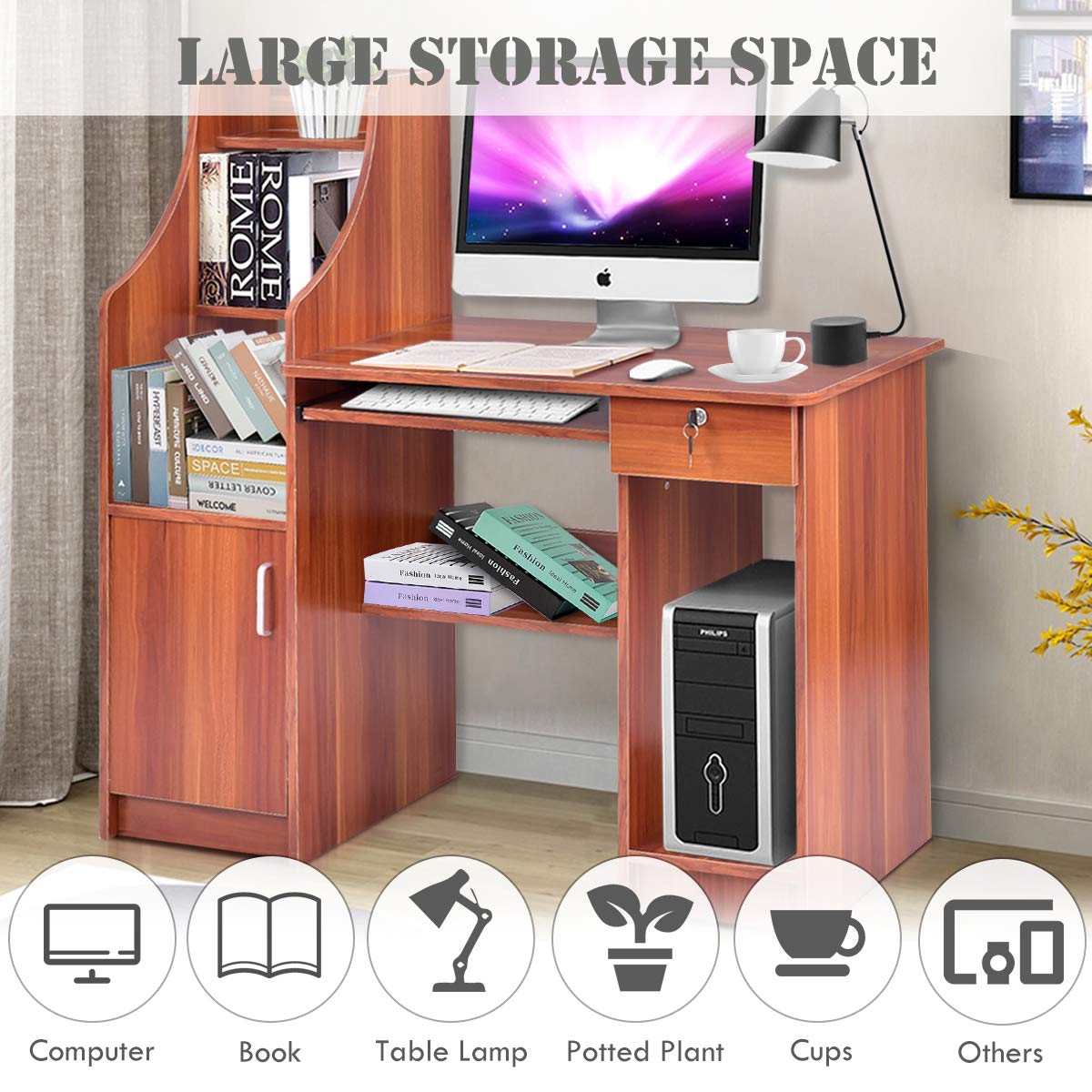Tangkula Computer Desk with Storage & Drawer, Wood Frame Home