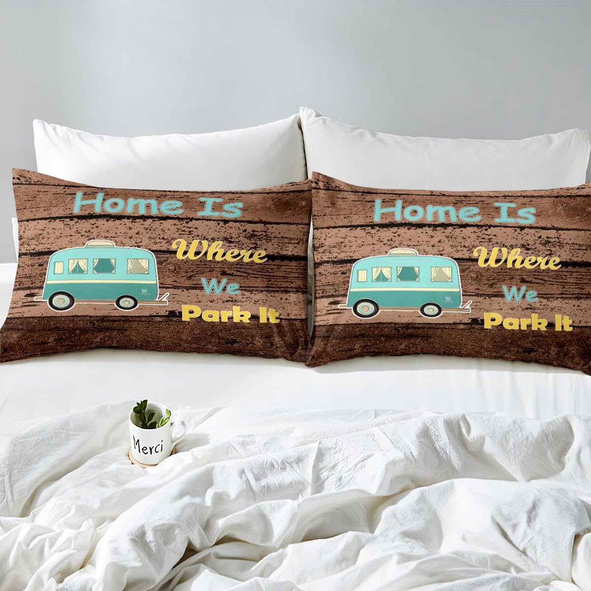Erosebridal Kids Camper Fitted Sheet Happy Camping Rustic Farmhouse Bed Sheets Travel Rv Camp Camping Bedding Set Queen Size for Kids Boys Girls,Brown Vintage Wooden Planks Bed Cover