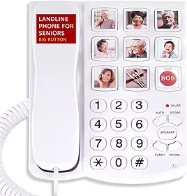 Uvital Telefone de botão grande para idosos, telefone fixo com 9 botões grandes de discagem com um toque, chamadas viva-voz, toque alto, fácil de usar para telefone com deficiência visual para idosos