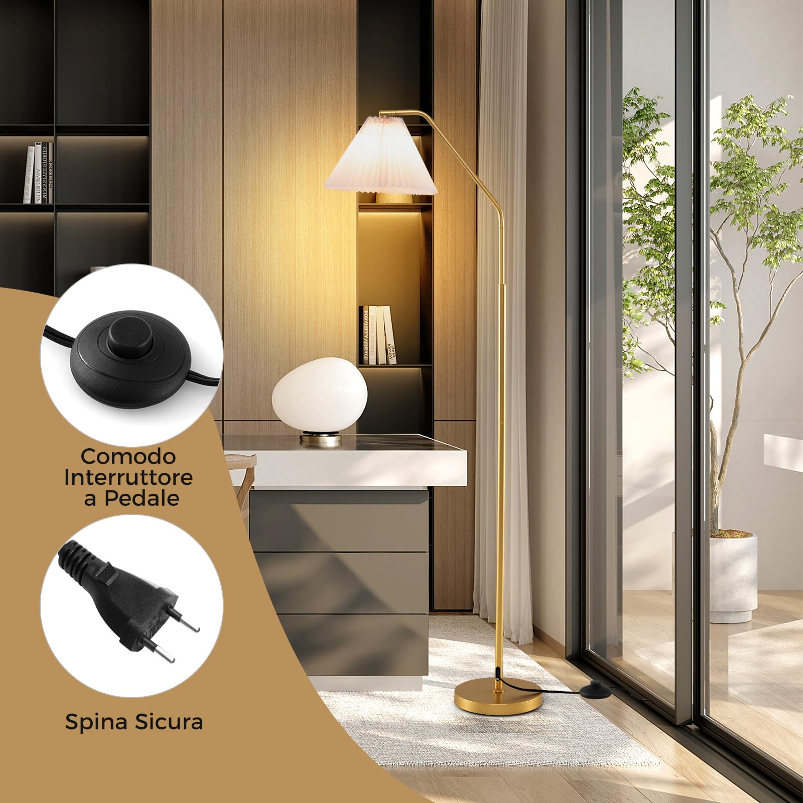 COSTWAY Lampada da Terra ad Arco con Paralume e Testa Regolabile | Piantana da Terra con Interruttore a Pedale e Presa E27, Moderna per Salotto, Soggiorno e Ufficio, Oro e Bianco