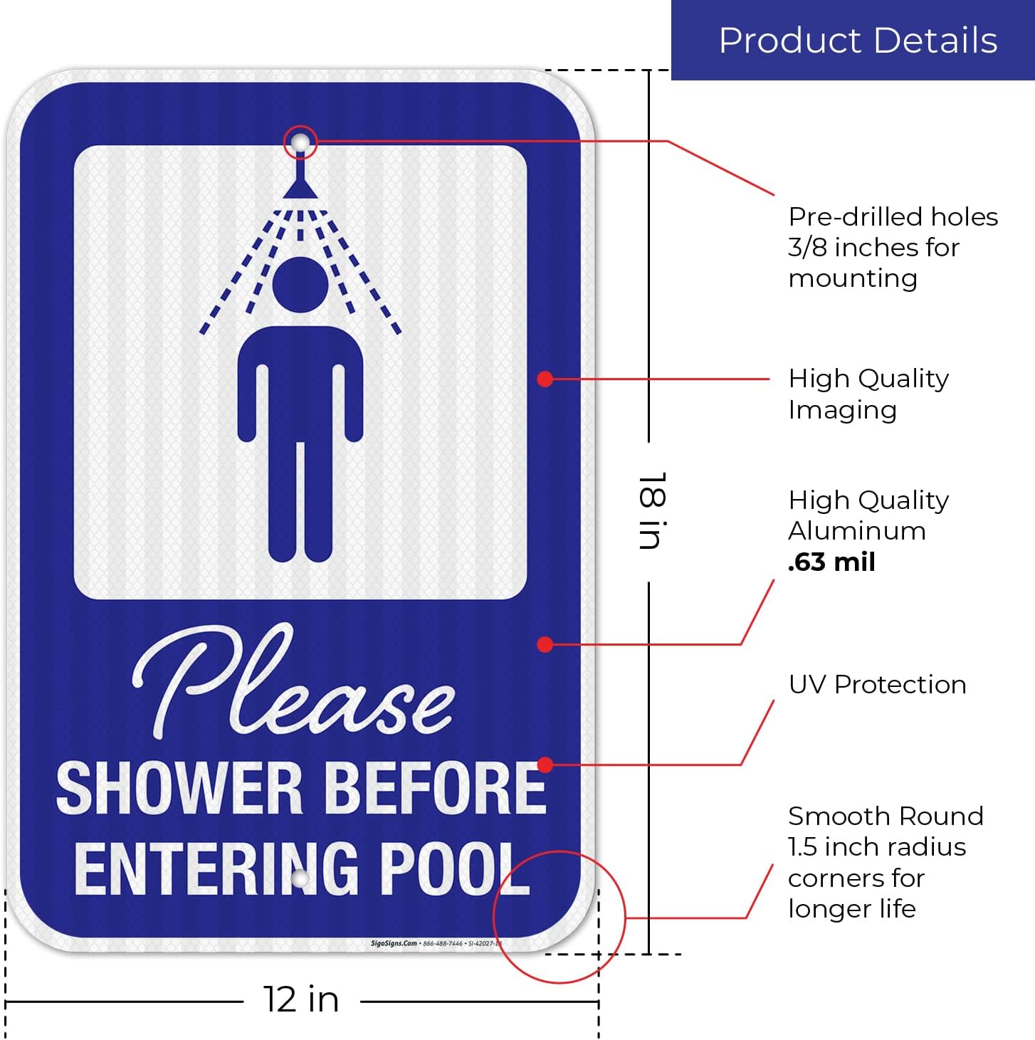Please Shower Before Entering Pool Sign, Pool Sign, 12x18 Inches, 3M EGP Reflective .063 Aluminum, Fade Resistant, Made in USA