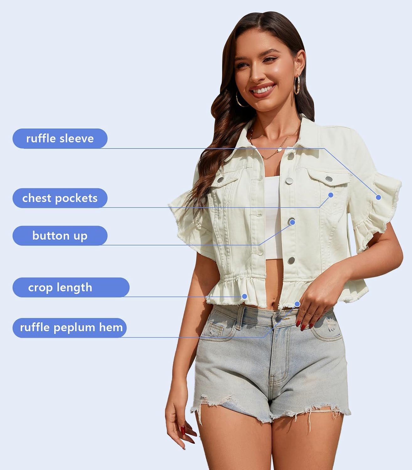 MISS MOLY Women's Denim Jacket Ruffle Sleeve Button Down Distressed Summer Cropped Jean Jackets