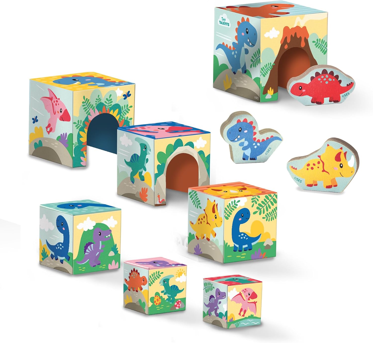 SES Creative 13202 Stacking Blocks Tower with Dino Figures, Yellow