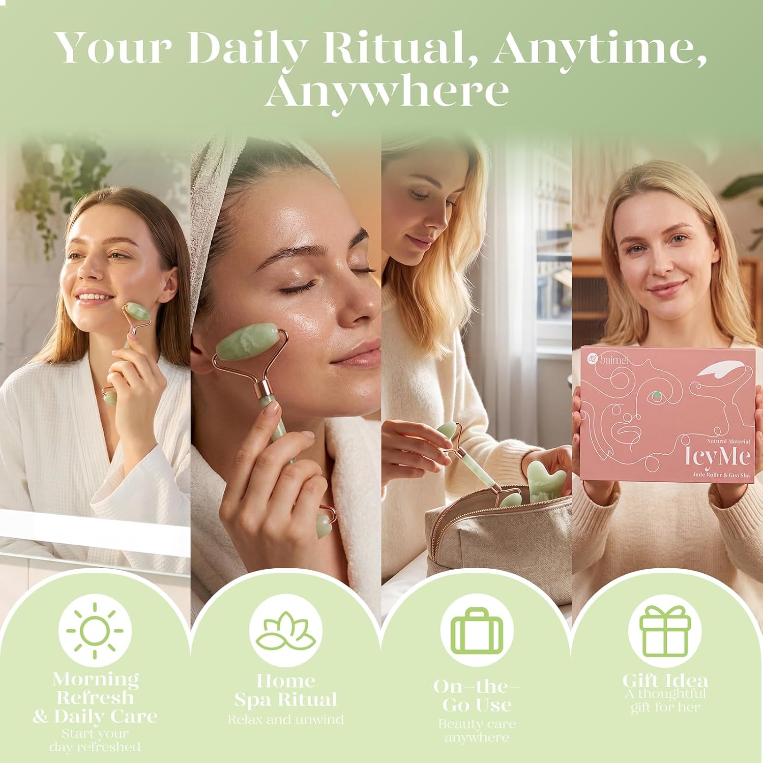 BAIMEI IcyMe Jade Roller & Gua Sha Facial Tool Set for Face Depuffing | Smoothing Face Roller and GuaSha Tool for Skin Care Daily Routine & Relaxation, Beauty Self Care Gifts for Women- Light Green