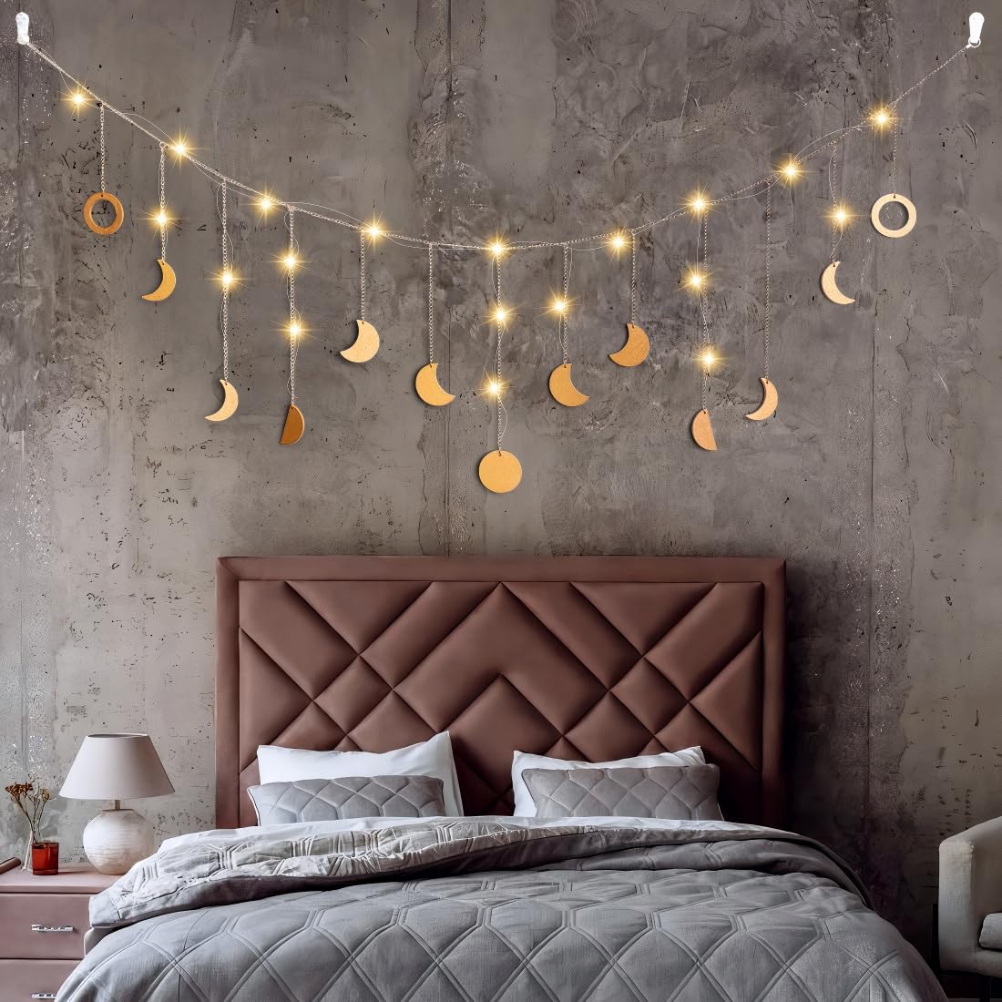 O-Kinee Decoracion Paredde Fases de la Luna,Aesthetic Room Decor,Decoración Bohemia,Decoración Encima Cabecero Cama,Decoración de Pared con Luz de Luna pared LED,Guirnalda Dorada,144 cm 13 Lunas