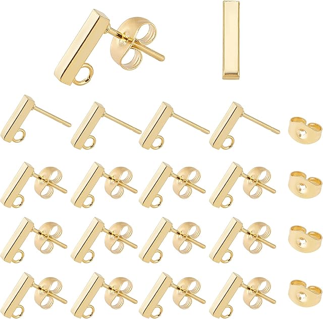 UNICRAFTALE about 50pcs Golden Rectangle Stud Earring Settings Stainless Steel Ear Stud with Loop and Ear Nuts 0.8mm Pin Earring Finding for DIY Jewelry Making