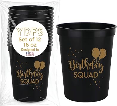 Happy Birthday Squad Cups, Set of 12-16oz Cups, Black Birthday Decorations For Women and Girls, Ideal For 20th 30th 40th 50th 60th Party Favors for Adults and Themed Decorations