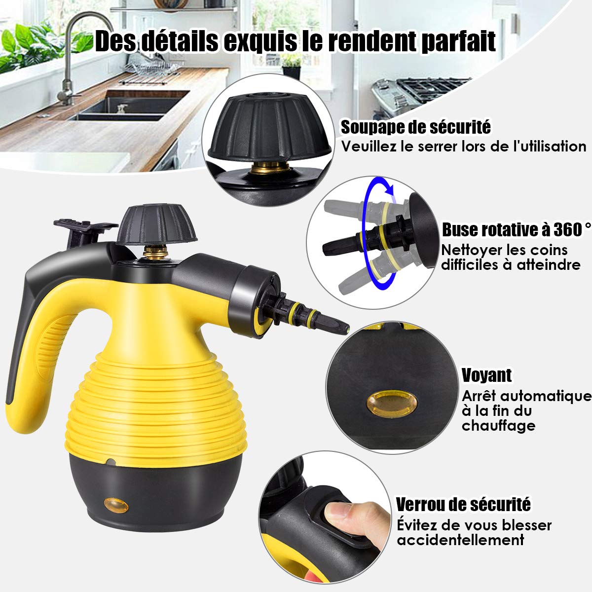 GOPLUS Nettoyeur Vapeur à Main, Nettoyeur à Vapeur Portable avec 9 Accessoires pour Enlever des Taches, Tapis, Rideaux, 3 Bar Haute Pression pour Cuisine et Salle de Bain, 350ML, Jaune