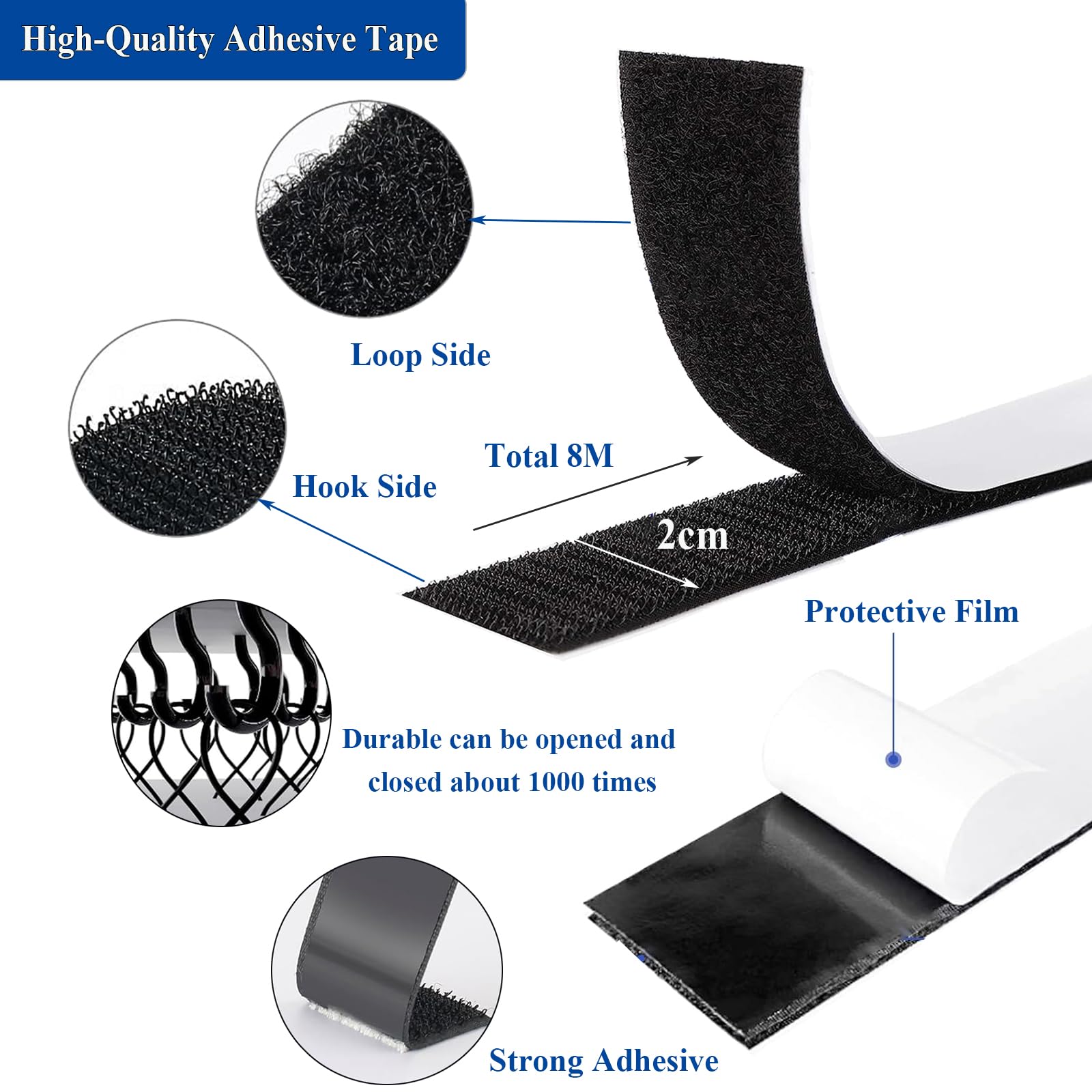 Hanidon Hook And Loop Strip Tape, 10Mx20mm Double Sided Sticky Tape