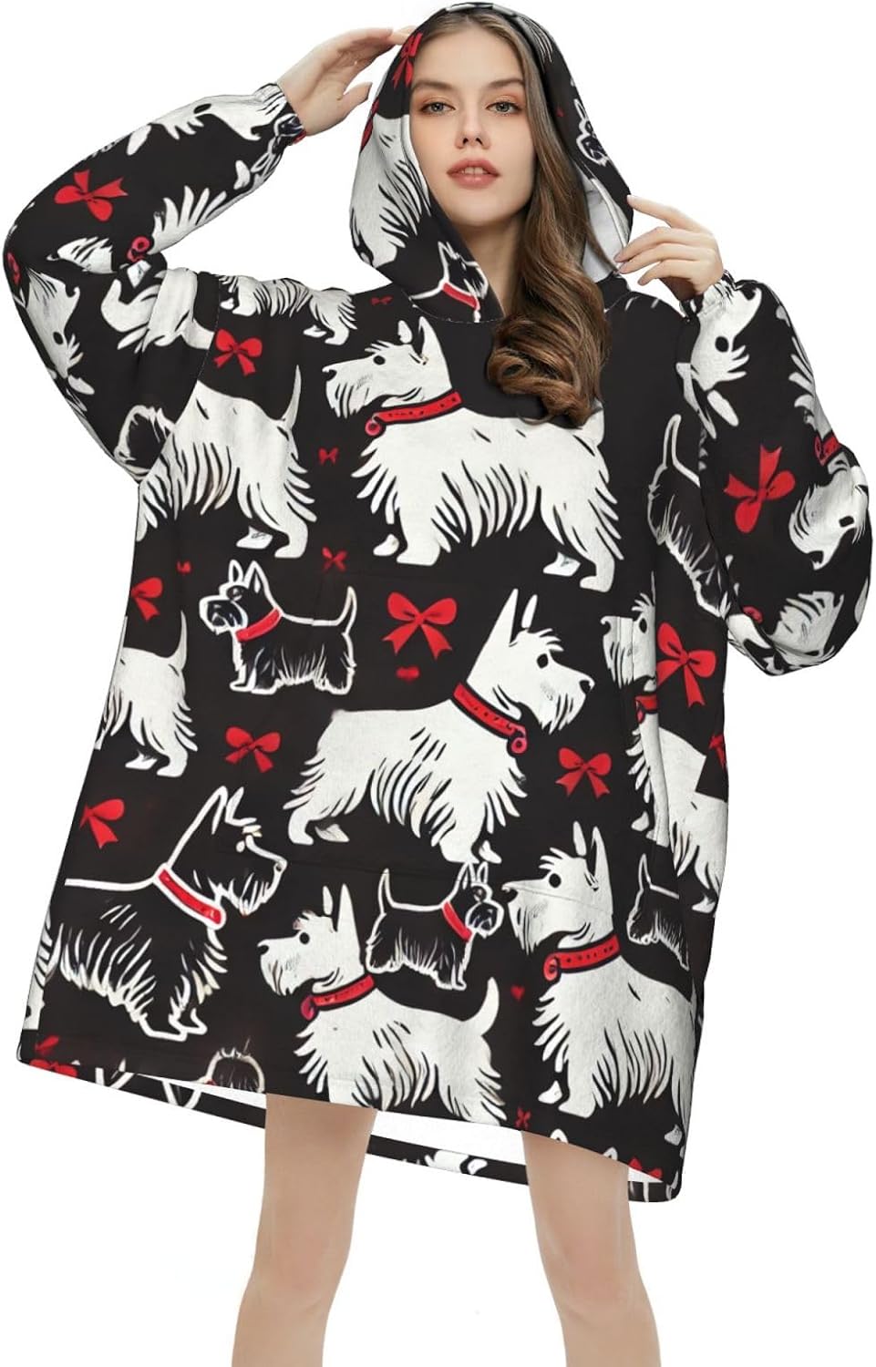 Oversized Wearable Blanket Hoodie Cute Scottie Dog Red Collar Large Pocket Sweatshirt For Women Men,Adult