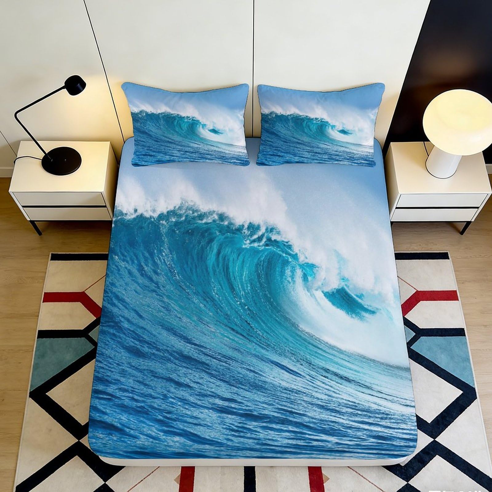 3D Printed Ocean Wave Fitted Sheet Microfiber Soft Breathable Sea Wave Bed Cover for Bedroom Dormitory Guest Room Mattress Protection Decor 160x200x25cm
