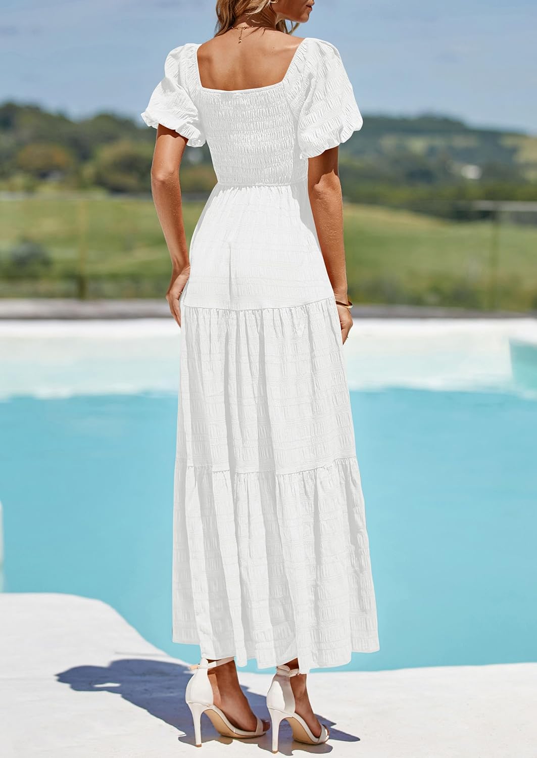 PRETTYGARDEN Womens Summer Puff Short Sleeve Maxi Dress Square Neck Smocked Tiered Ruffle A Line Long Flowy Beach Dresses - Image 2