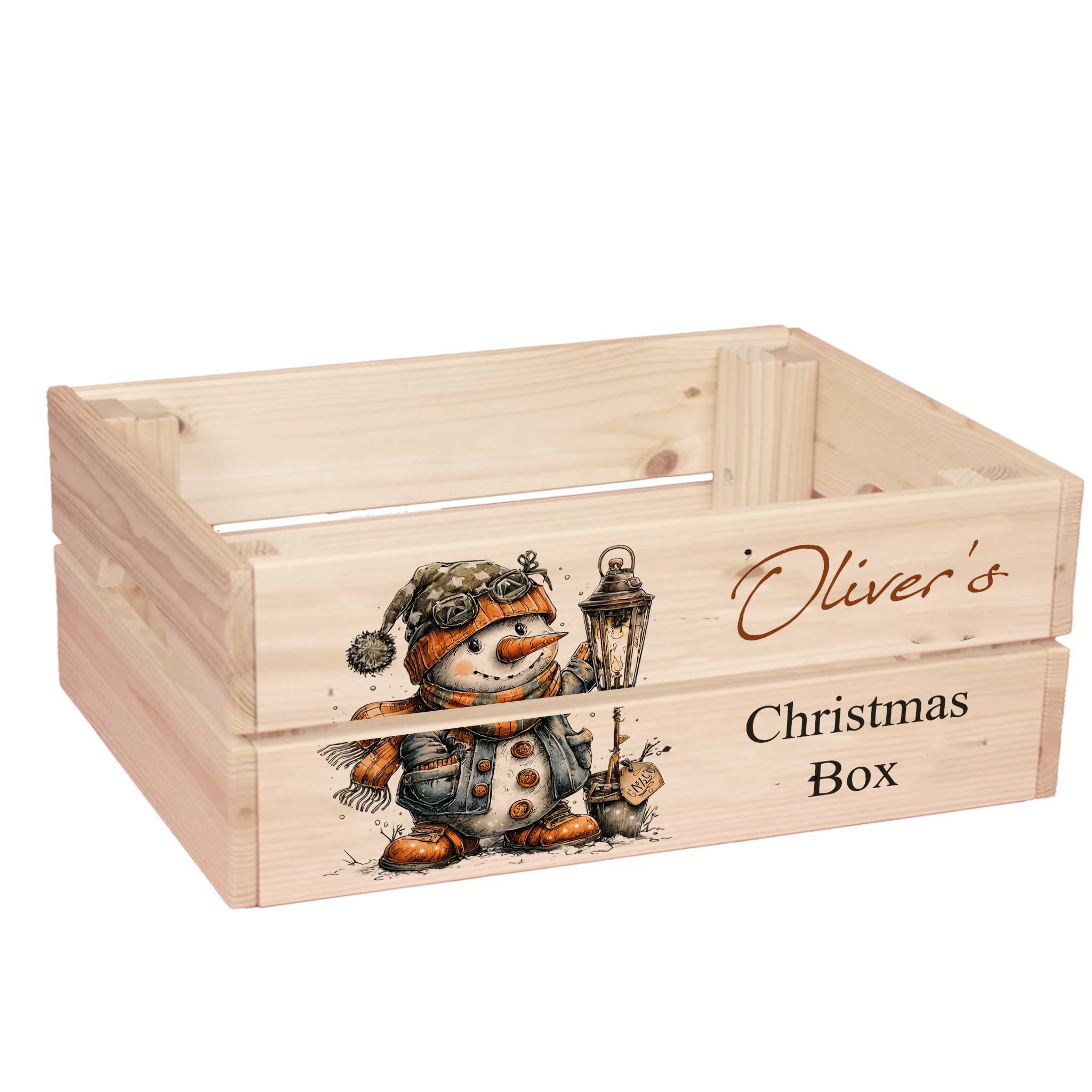 ukgiftstoreonline Personalised Christmas Eve Box with Santa, Trees, Reindeer, Snowman Designs, Wooden Storage Crate, 30.5 x 25 x 12 cm, Holiday Presentation Box with Side Handles (Snowman-1)