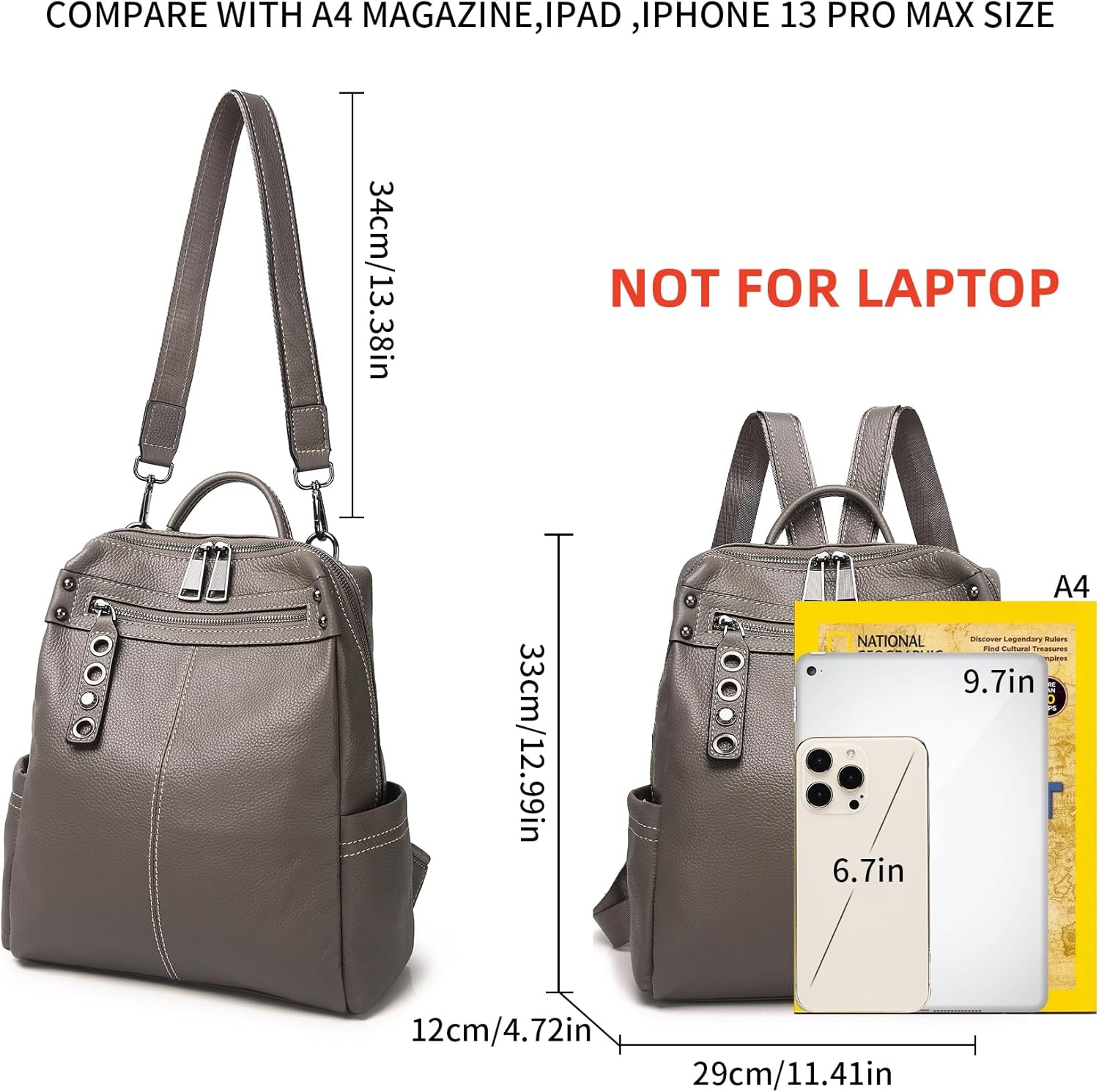 Genuine Leather Backpack Purse For Women Grey Real Soft Leather Travel Fashion Designer Convertible Ladies Shoulder Bag - Image 4