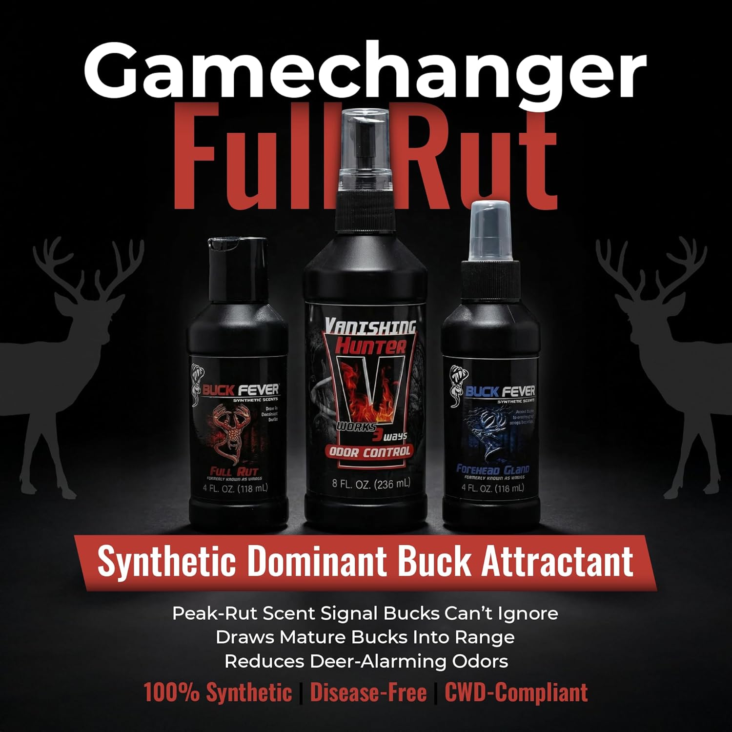Buck Fever Gamechanger Full Rut Scent Pack – Synthetically Formulated 3-Piece Deer Scent Attractant Combo w/ Vanishing Hunter 8oz, Full Rut 4oz & Forehead Gland 4oz – Fresh, Non Spoiling Deer Lure