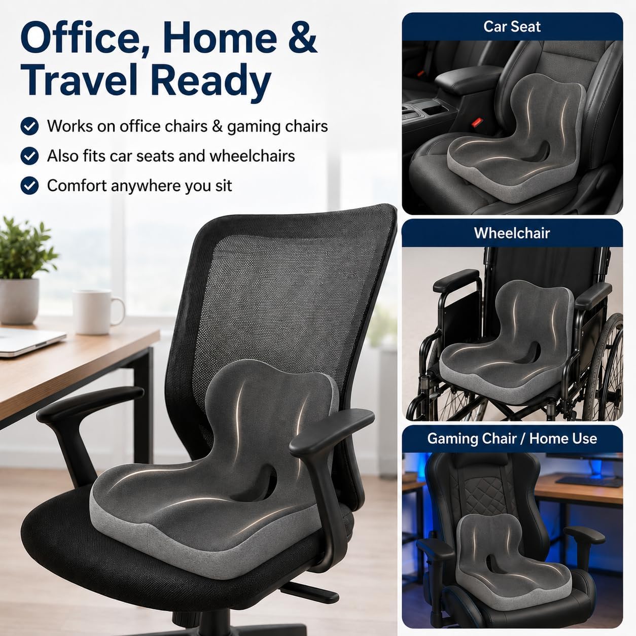 Celnva Orthopedic Seat Cushion – L-Shaped Lumbar Support Memory Foam Comfort for Long Sitting, Ergonomic Support for Office Chair, Wheelchair, Car & Travel (XL Black&Gray) thumbnail