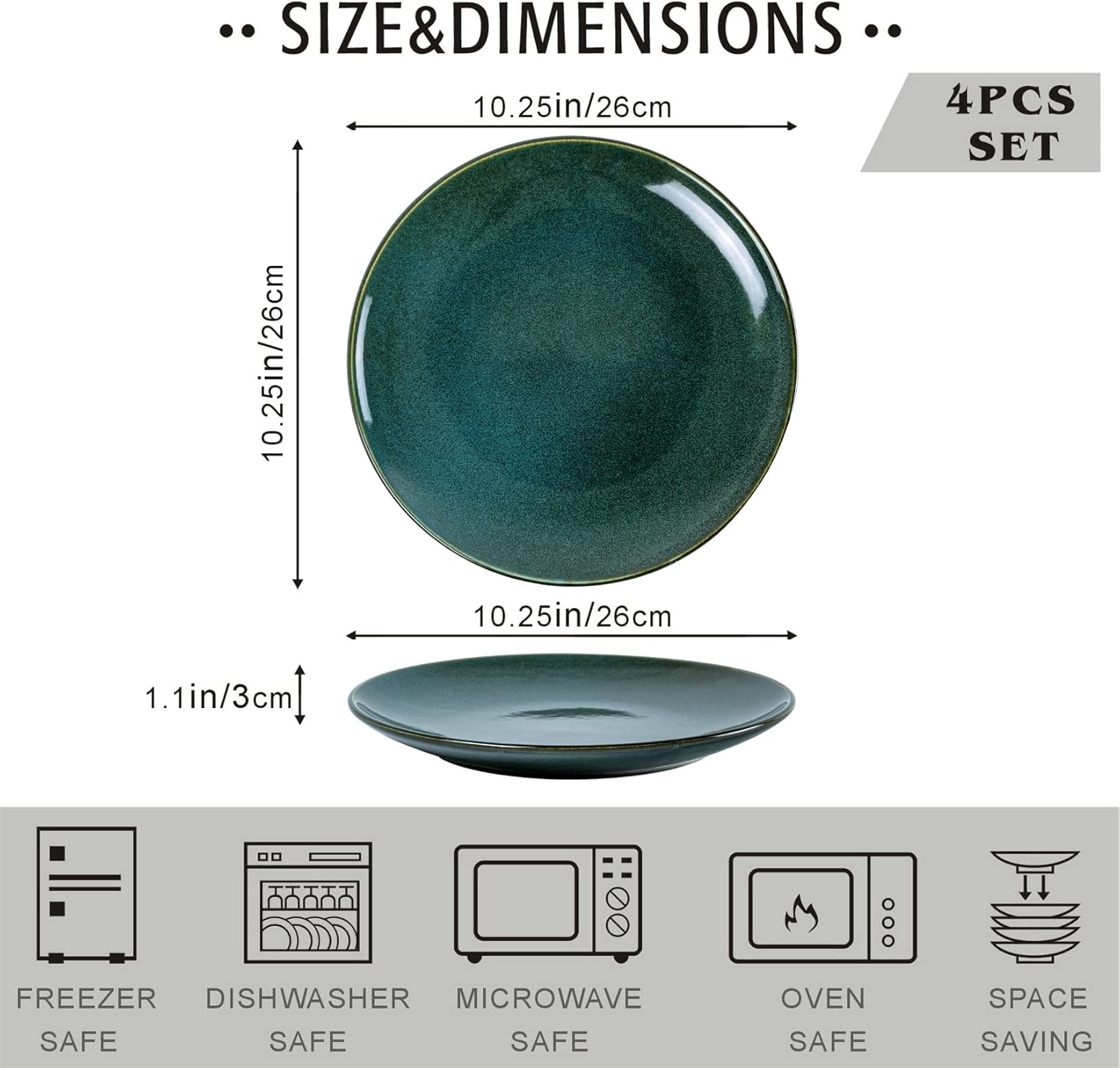UNICASA Ceramic 10.25 Inch Dinner Plates Set, Porcelain Pasta Plate Set of 4, Reactive Glaze Serving Dishes for Steak, Salad, Pizza, Dishwasher & Microwave Safe (Teal)