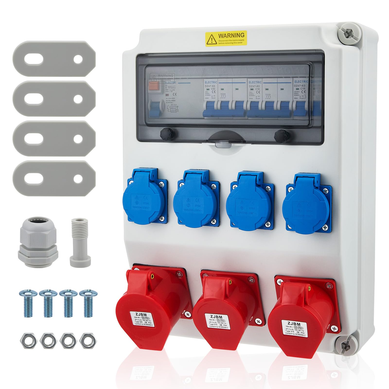 Distribuidor de corriente para construcción 32 A IP44 con protección FI/RCD y LS, 4 x Schuko, 2 x CEE 16 A + 1 x CEE 32 A, distribuidor de corriente industrial para exteriores y obras | carcasa