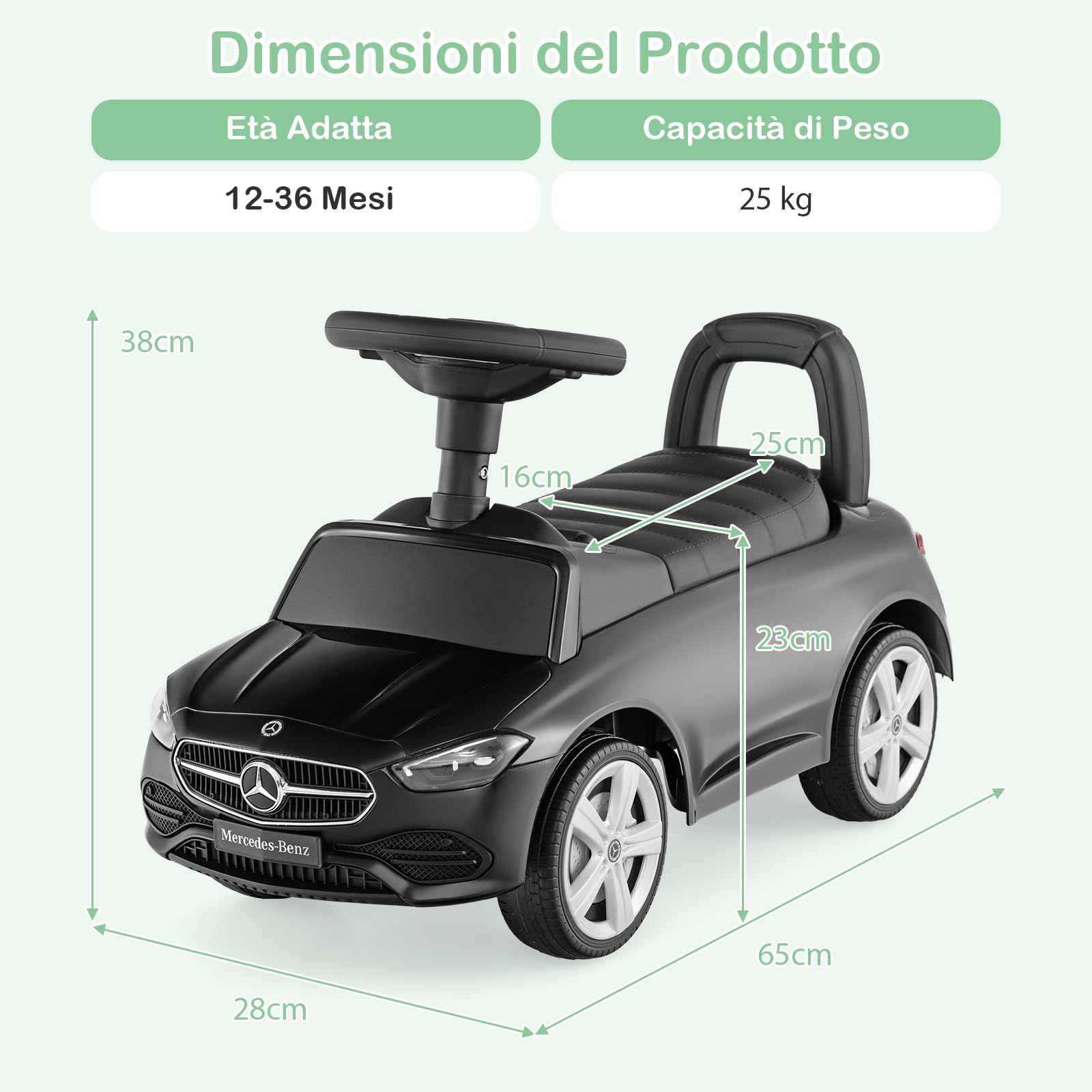 COSTWAY Mercedes Benz Macchinina Cavalcabile a Spinta per Bambini, Auto da Gioco con Volante Clacson e Suono, Spazio di Archiviazione, Auto a Spinta per bambini 1-3 Anni (Nero)