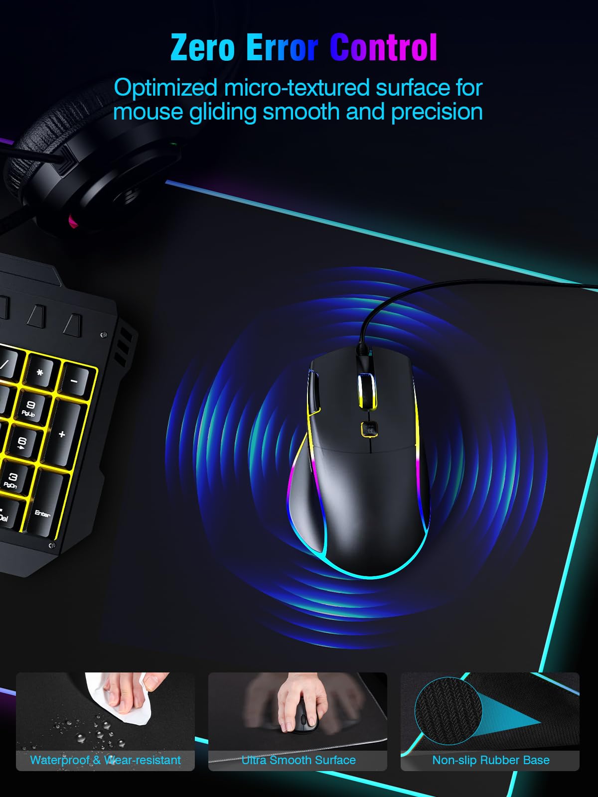 Tappetino per mouse con ricarica wireless magnetica, grande protezione per tappetino da scrivania, tappetino da scrivania nero RGB con caricabatterie rapido da 15 W, tappetino per mouse antiscivolo