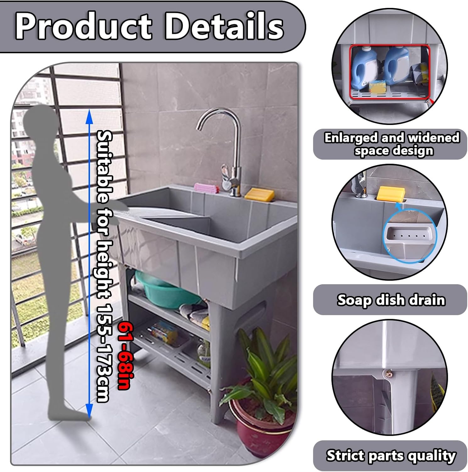 Utility Portable Laundry Sink,Outdoor with Washboard Hose Hook Up Freestanding Utility Laundry Tub for Washing Room, Plastic Sink for Garage, Pet Wash Garden
