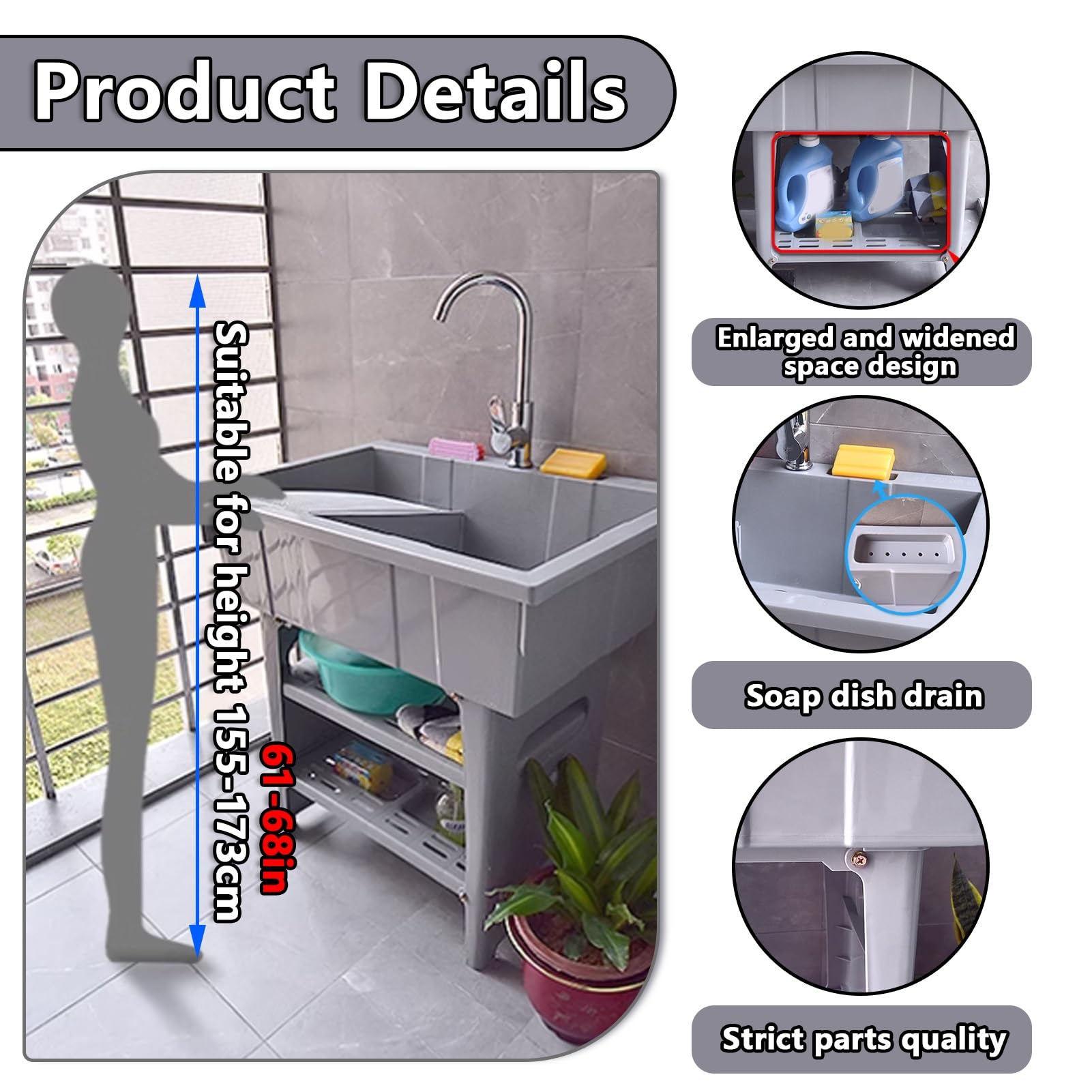 Évier À Linge Autoportant avec Robinet, Évier Utilitaire en Plastique,évier Portable, Evier Exterieur,Robinet d'eau Froide Et Chaude pour Buanderie, Garage, sous-Sol, Jardin.