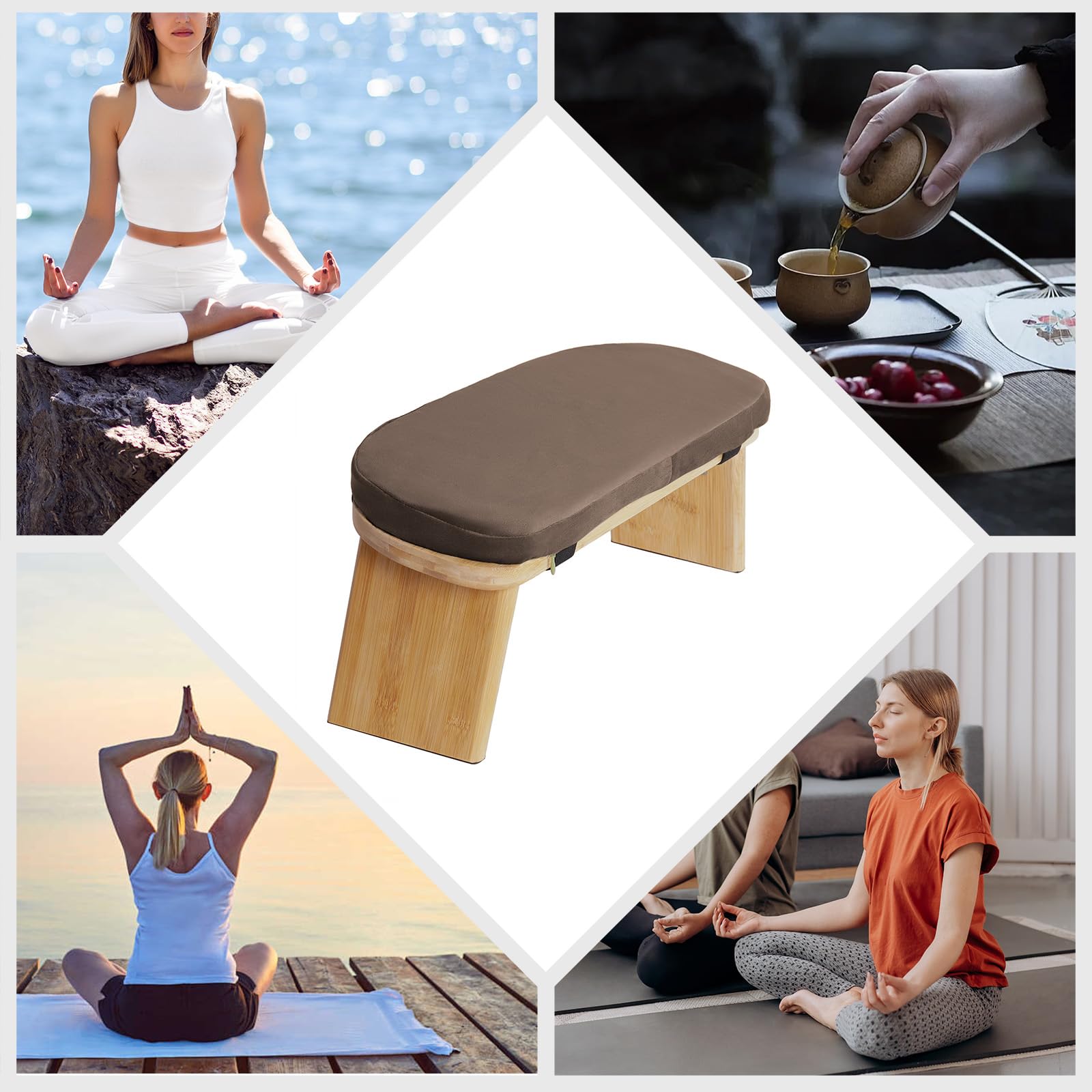 Meditationsbank klappbar, Yogahocker mit Kissen, Meditationsbank, Meditationsstuhl faltbar, Yogastuhl, Hocker, Meditationshocker, Ergonomisch, Kissen, Kaffeefarbe