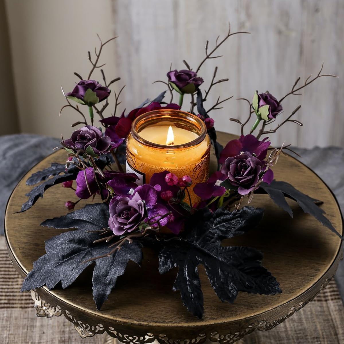 Halloween Candle Rings Artificial Maple Leaf Flower Wreath Gothic Black Purple Floral Candle Holder Tables Centerpieces Home Kitchen Farmhouse Decor