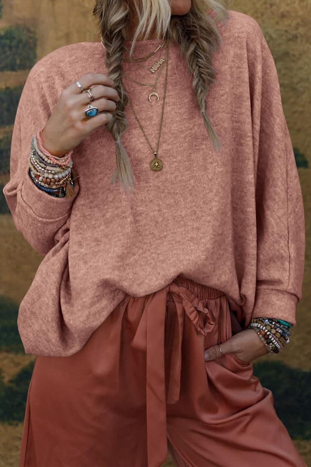 CFLONGE Fall Sweaters for Women 2025 Casual Pullover Off The Shoulder Sweater Batwing Long Sleeve Sweatshirt Knit Jumper Tops - Image 3