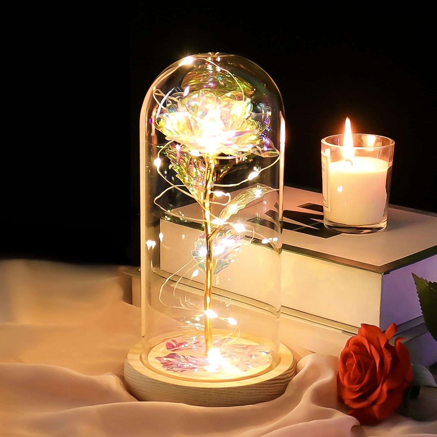 Valentines Day Rose Gifts for Her, Galaxy Glass Rose Forever Preserved Flowers for Delivery Prime in Glass Dome, Birthday Valentine's Day Gifts for Women Mom Girlfriend Wife Daughter, Rainbow