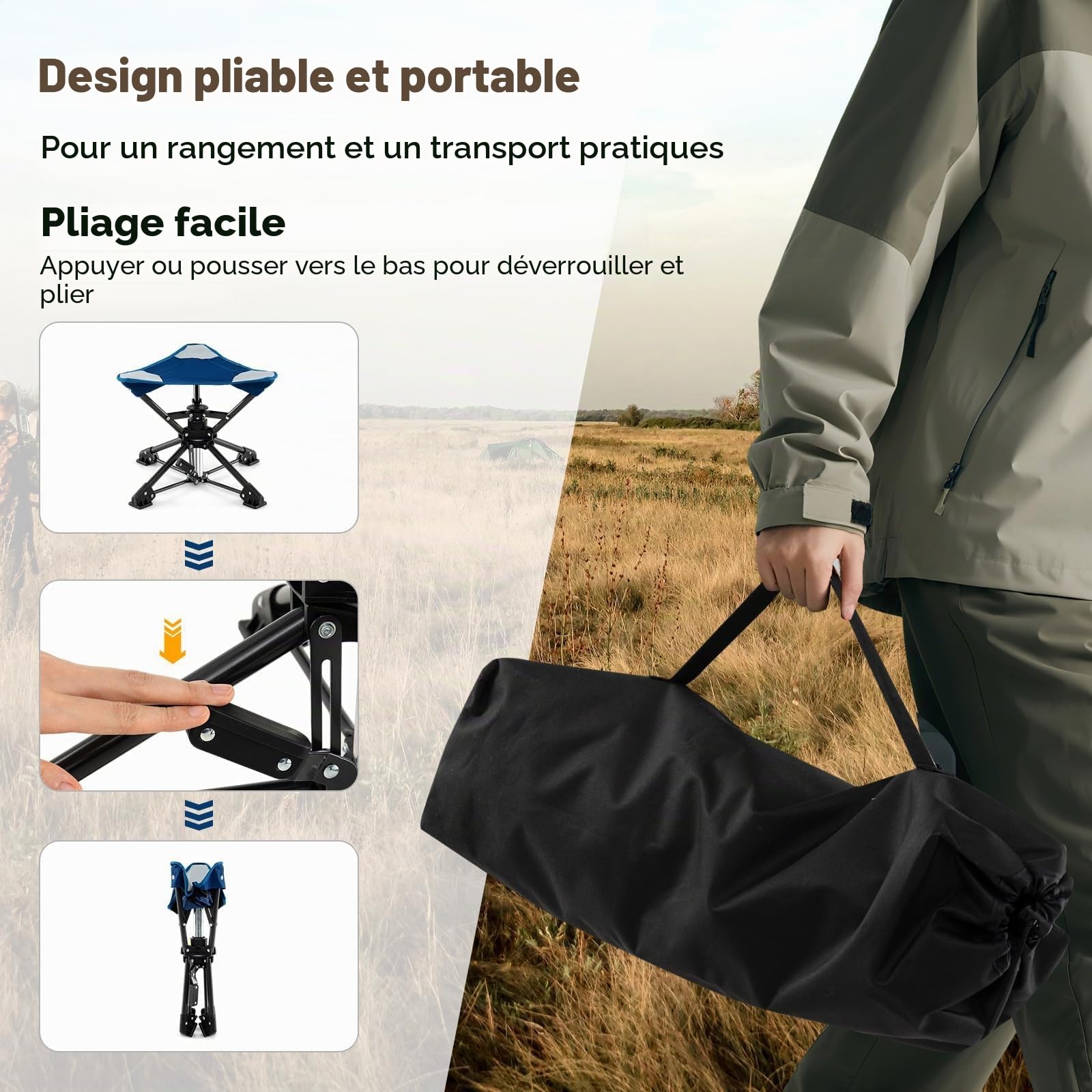 FANTASK Tabouret de Camping Portable avec Pieds Anti-Chute et Sac de Transport, Tabouret Pliable Rotatif à 360 °, pivotant à 360 °, Charge maximale : 150 kg, pour Le Camping, la Chasse et la pêche