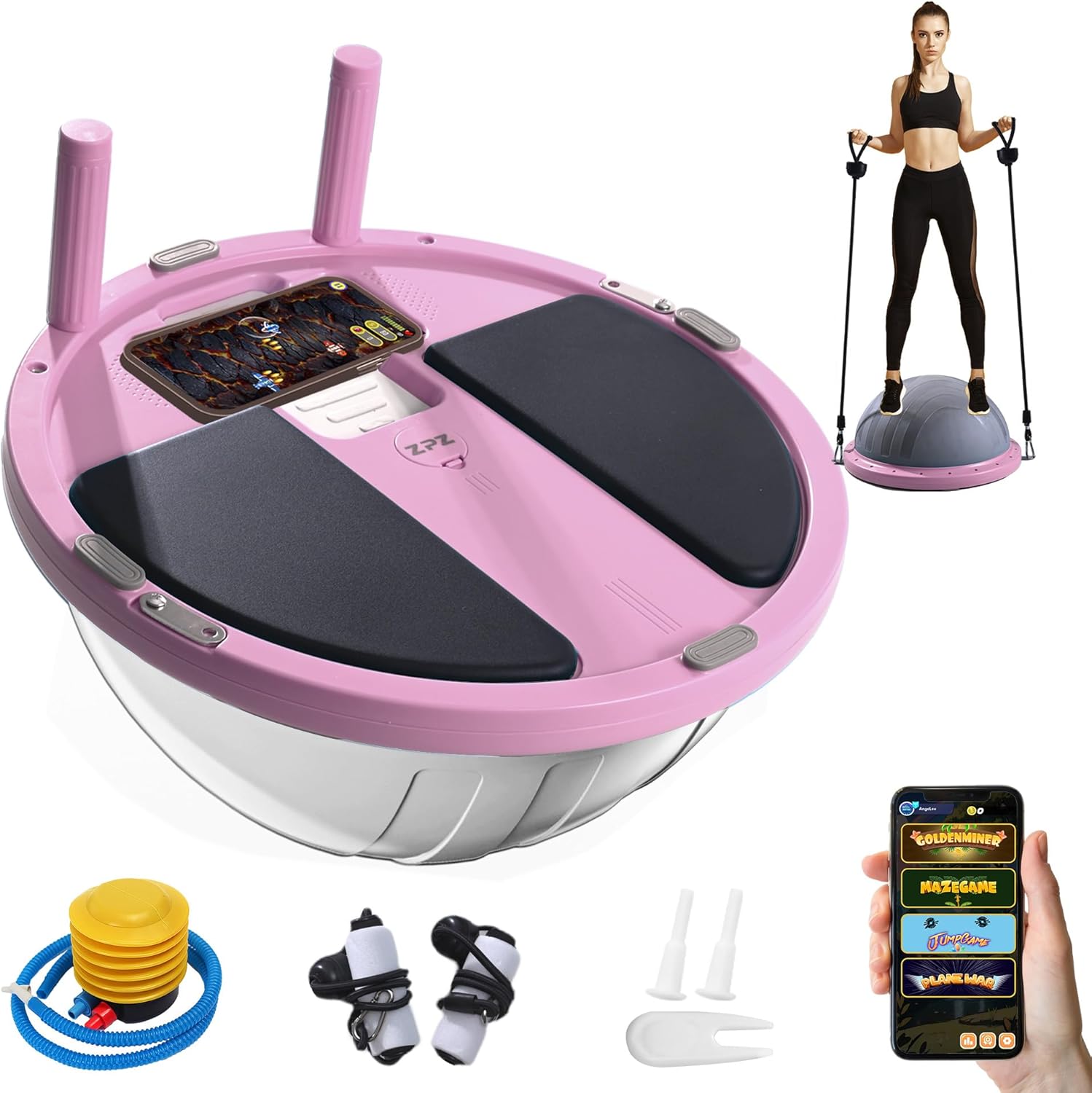 Half Balance Ball Trainer, Compact Portable Inflatable Exercise Yoga Stability Ball with App-Based Balance Game, Pilates Resistance Bands, Foot Pump, Non-Slip Base for for Full-Body Workouts, Home Gym & Easy Storage (18.3 Inch Pink) Half Balance Ball Trainer, Compact Portable Inflatable Exercise Yoga Stability Ball with App-Based Balance Game, Pilates Resistance Bands, Foot Pump, Non-Slip Base for for Full-Body Workouts, Home Gym & Easy Storage (18.3 Inch Pink)