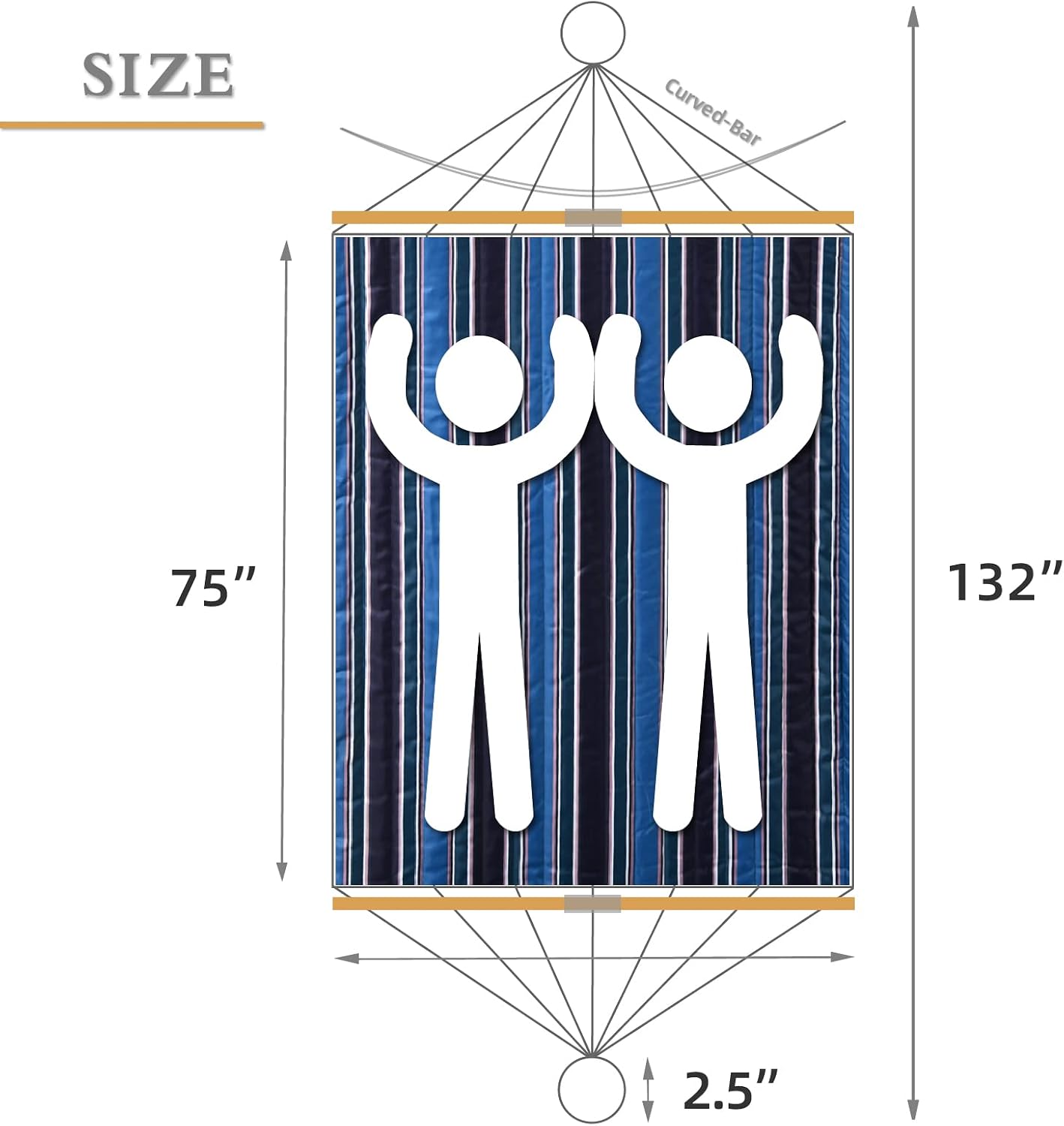 HENG FENG 11FT Quilted Fabric Double Hammock with Bamboo Spreader Bar,2 Person Hammock for Indoor Outdoor,Max 475lbs Capacity,Blue Stripe