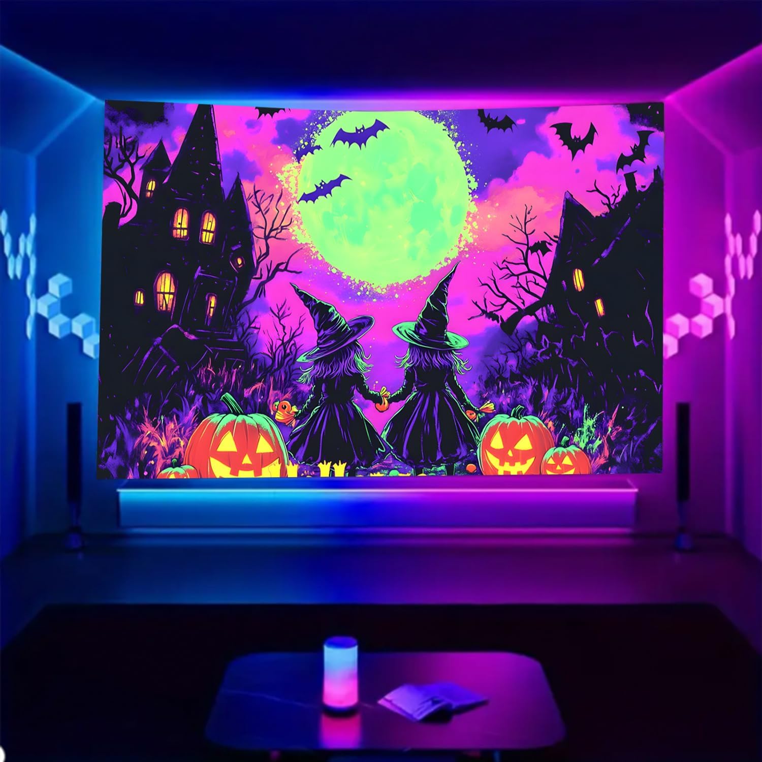 BSFHH Black Light Tapestry – UV Reactive Glow in the Dark Wall Hanging, Spooky Night Scene with Ghosts & Pumpkins, Haunting Home Decor for Parties, Bedroom, or Dorm (Moon, 90L x 70W, Unframed)