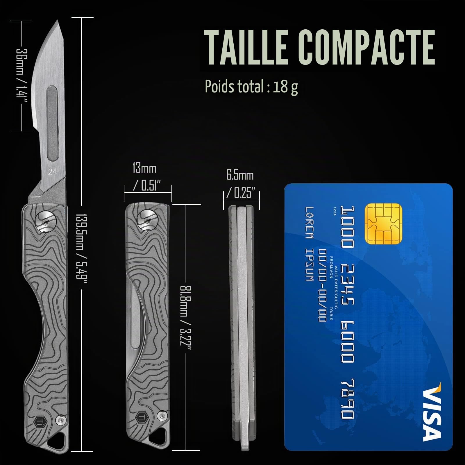 KeyUnity KK01 Couteau pliant en titane, couteau de poche EDC utilitaire avec lame interchangeable #24, pour la le camping, la pêche, la randonnée (Modèle Suminagashi)
