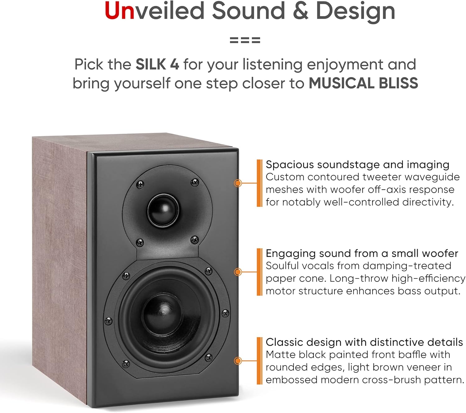 NEUMI Silk 4 Compact 2-Way Bookshelf Speakers, Stereo Pair, Home, Office, Theater Surround Sound, 4 Inch Woofer, 1 Inch Silk Dome Tweeter w/Waveguide, Rear Ported, Light Brown and Black