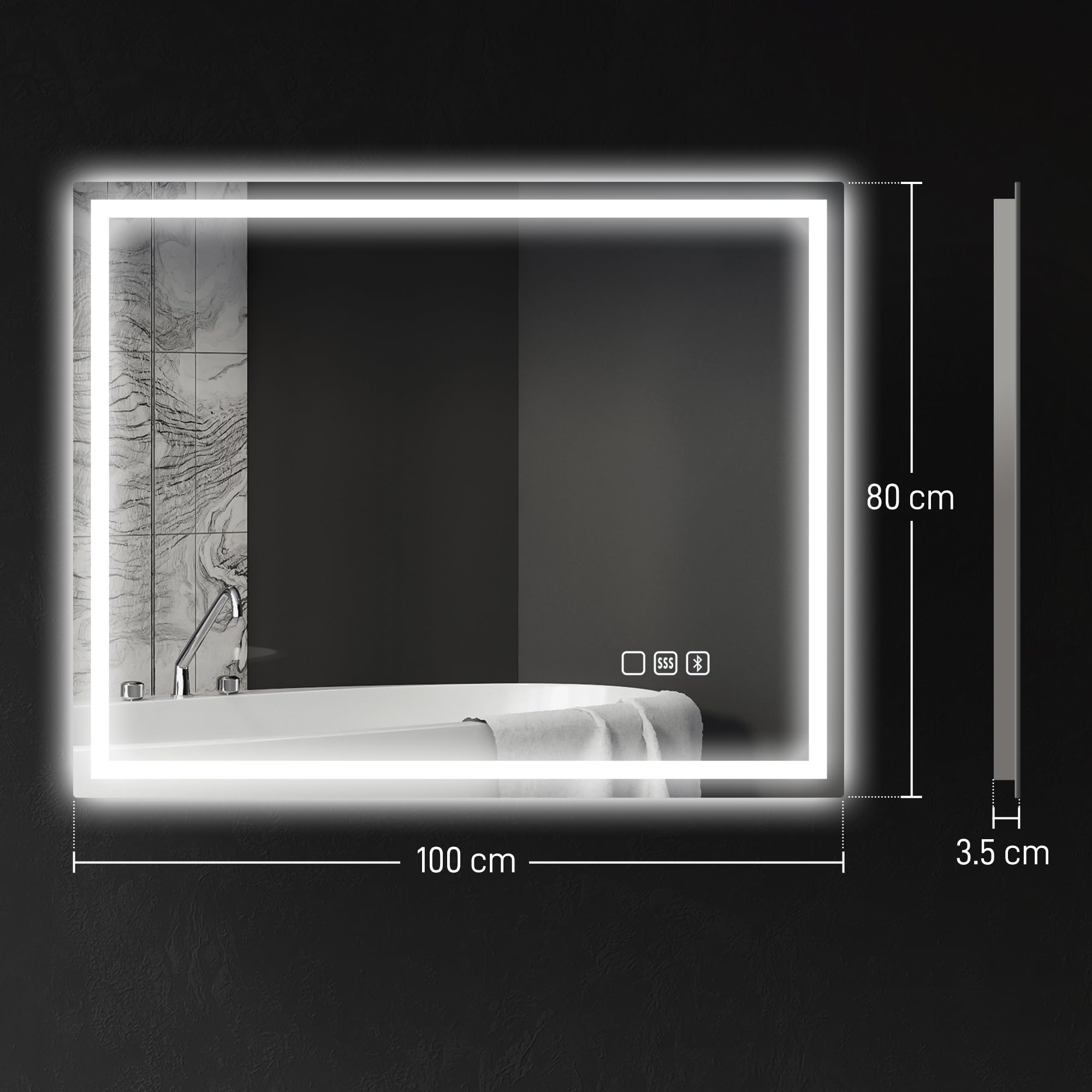 HOMCOM, Specchio da Parete con Luce LED e Speaker Bluetooth 100x80 cm | 3 Colori, Luminosità Regolabile, Funzione Memoria, Antiappannamento, Interruttori Touch, Orizzontale/Verticale
