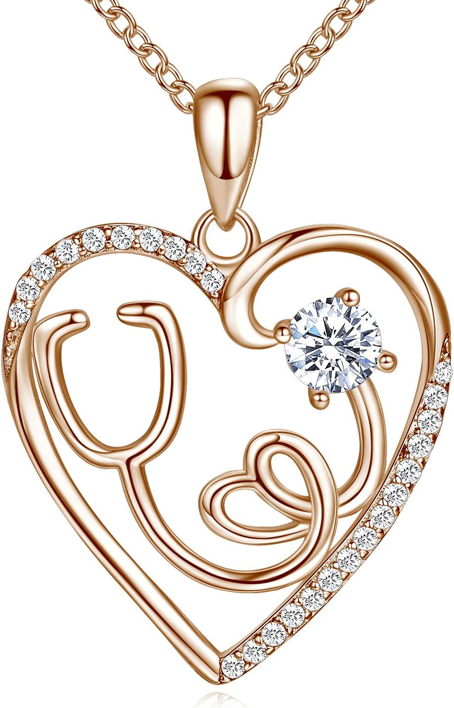 925 Sterling Silver Heart Necklace Nurse Birthstone Necklace 14K Gold Plated or Rose Gold Plated Stethoscope Necklaces for Doctor Medical RN for Festival or Holiday