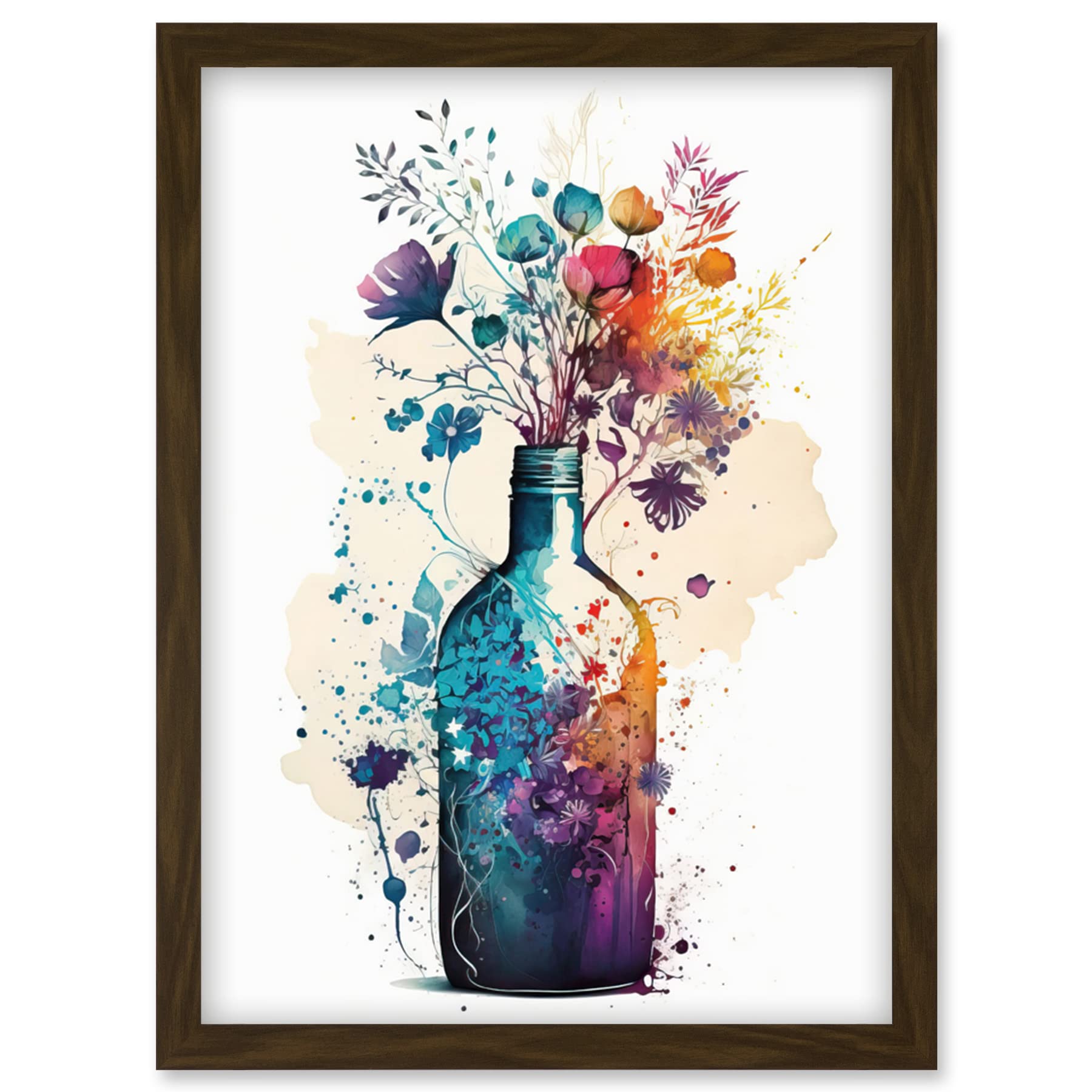 Artery8 Wildflower Spring Bouquet in Glass Wine Bottle Artwork Framed Wall Art Print A4